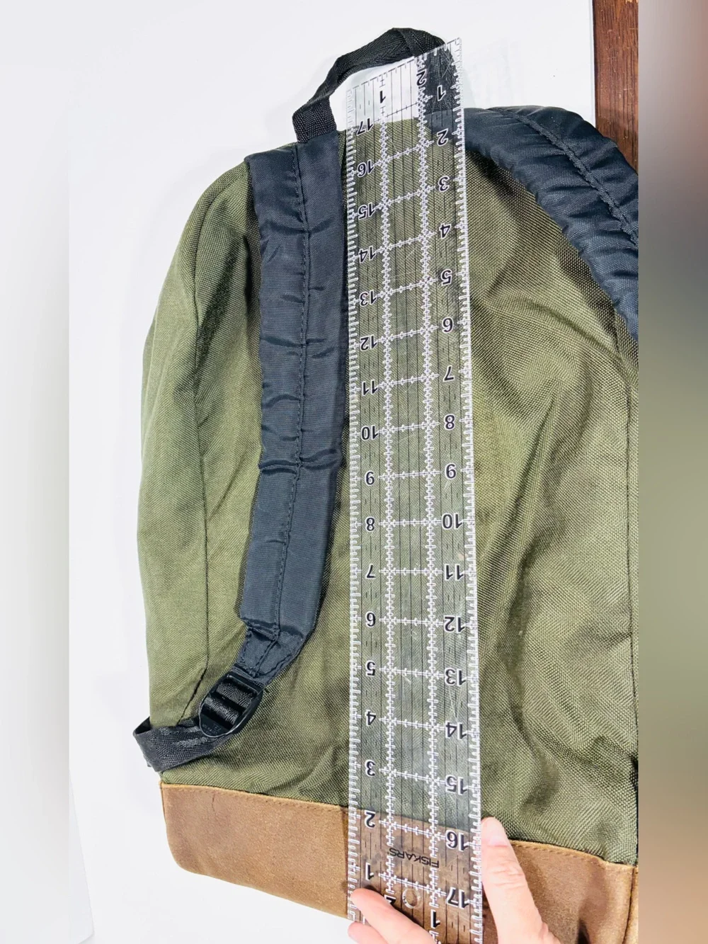 VTG 90s Eastpak USA MADE Leather Bottom 17” Backpack Olive Green Canvas Unisex